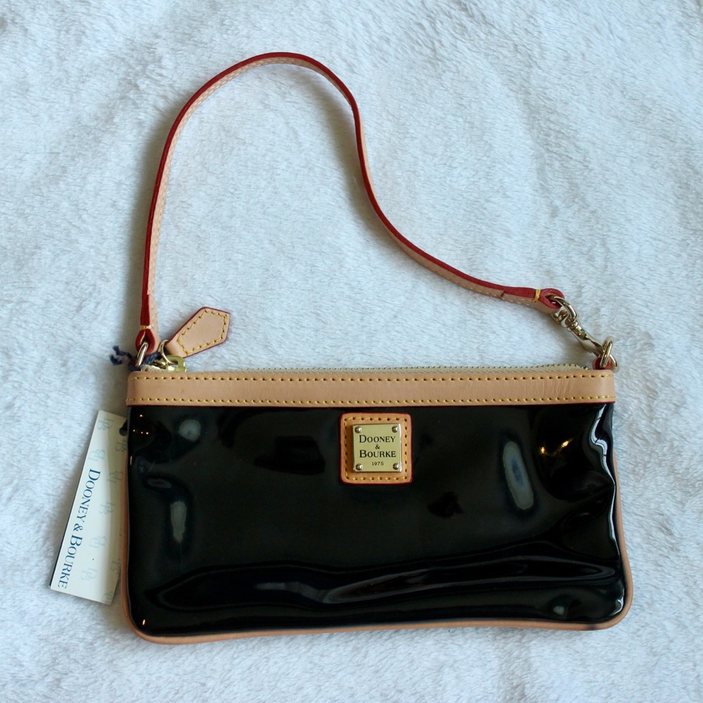 Dooney & Bourke Black and Tan Clutch with Patent Leather